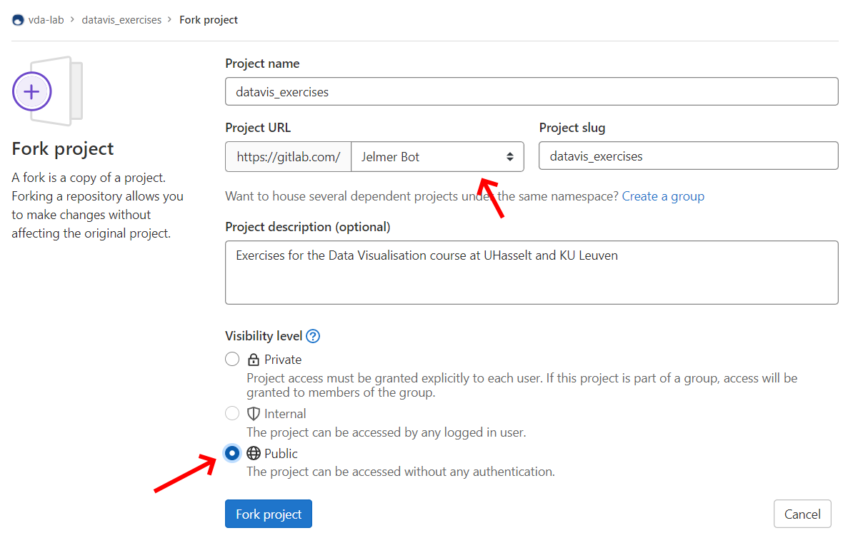 2. Set your fork to public under your account